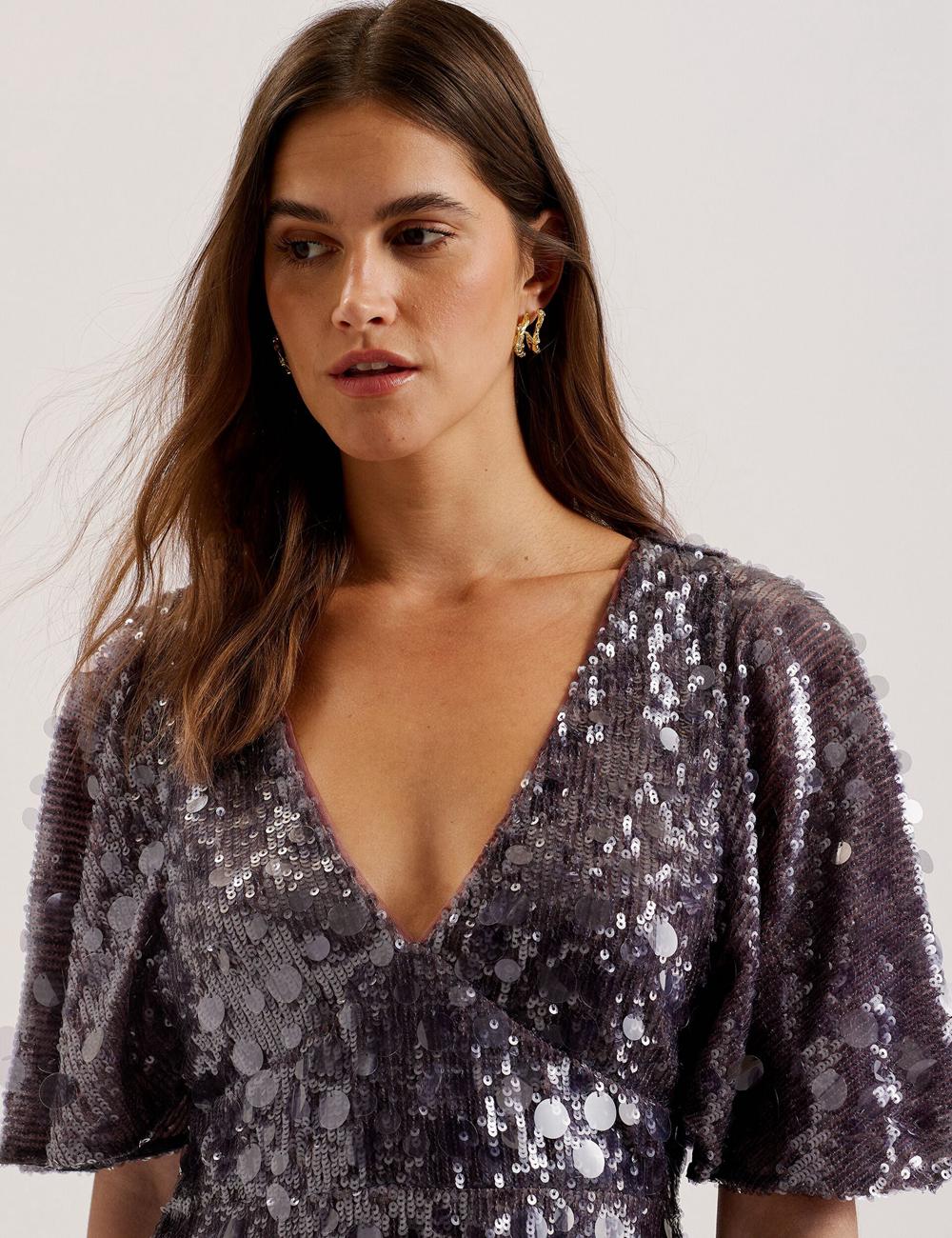 Dk-Grey Women Ted Baker ELISONA - Sequin V-Neck Cape Sleeve Mini Dresses | SA  ZUJ-520891