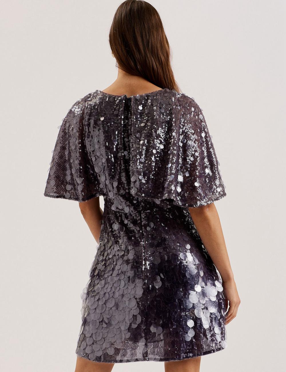 Dk-Grey Women Ted Baker ELISONA - Sequin V-Neck Cape Sleeve Mini Dresses | SA  ZUJ-520891
