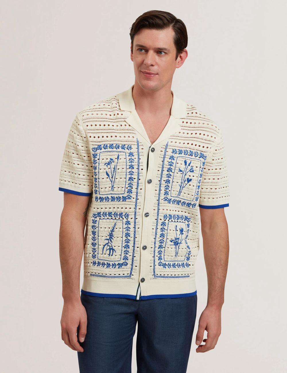 Ecru Men Ted Baker BARRI - Short Sleeve Crochet Embroidered Casual Shirts | SA  DYI-653987