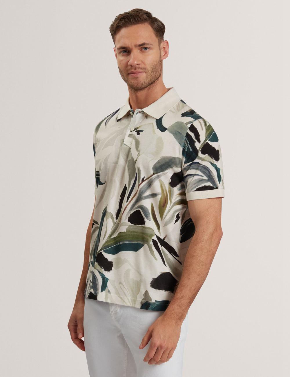 Ecru Men Ted Baker KIVEM - Short Sleeve Cotton Floral Print Polos Shirts | SA  QMS-347109