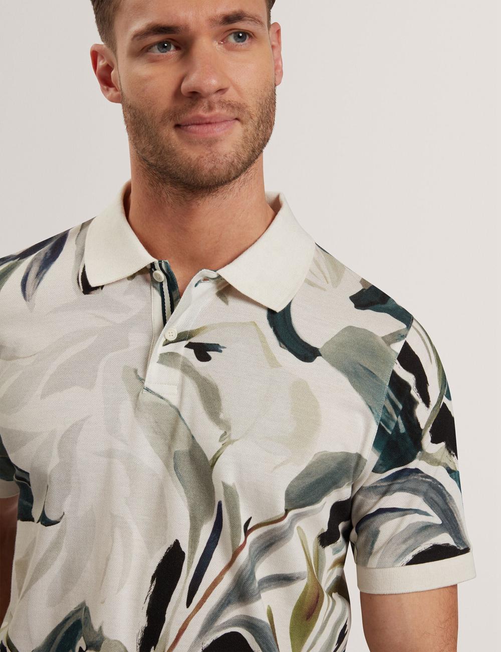 Ecru Men Ted Baker KIVEM - Short Sleeve Cotton Floral Print Polos Shirts | SA  QMS-347109