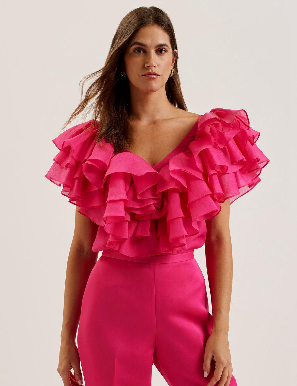 Fuchsia Women Ted Baker CALONDA - Oversized Frill Trim V-Neck Top Blouses | SA  UBY-712589