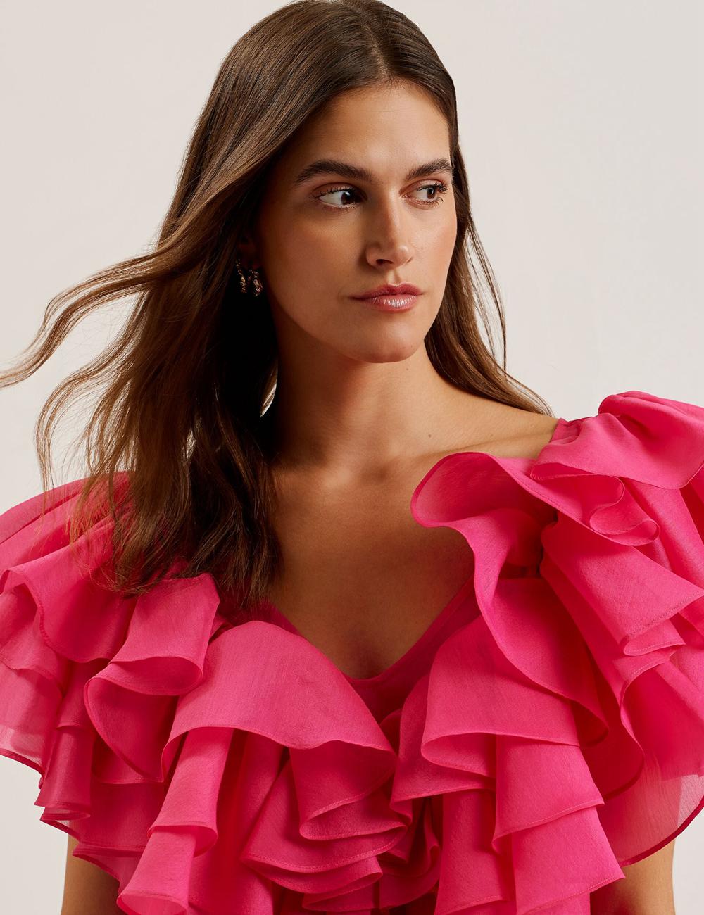 Fuchsia Women Ted Baker CALONDA - Oversized Frill Trim V-Neck Top Blouses | SA  UBY-712589