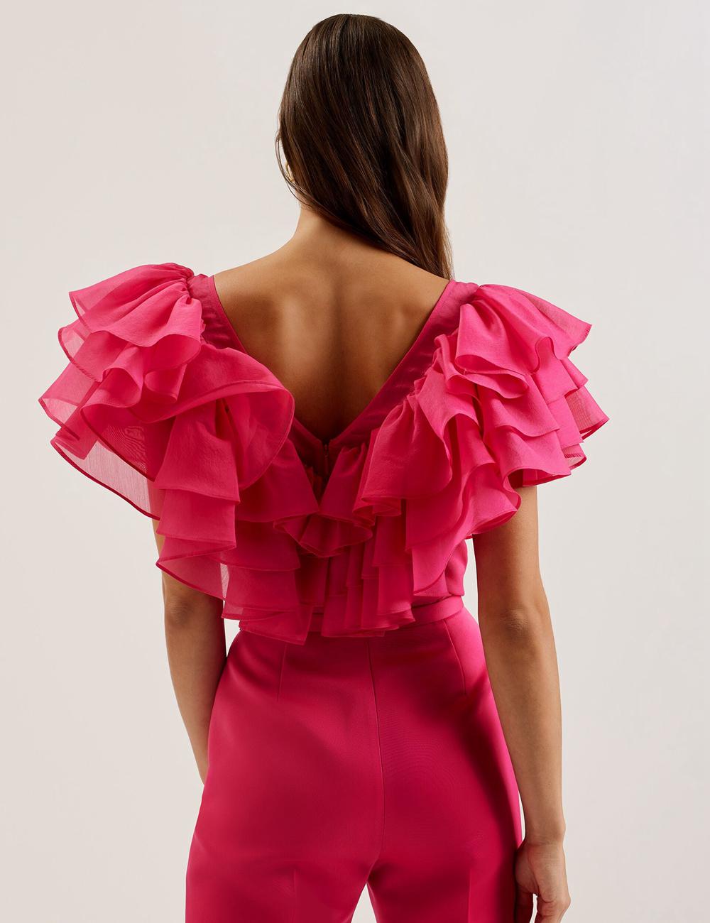 Fuchsia Women Ted Baker CALONDA - Oversized Frill Trim V-Neck Top Blouses | SA  UBY-712589