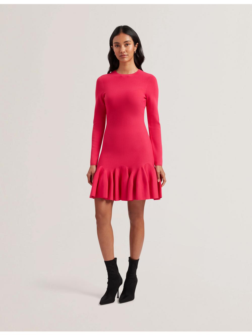 Fuchsia Women Ted Baker LOISSS - Flounce Hem Long Sleeve Knitted Mini Dresses | SA  XQM-318250