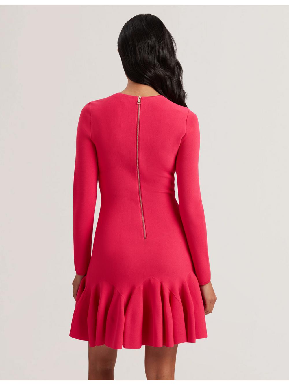 Fuchsia Women Ted Baker LOISSS - Flounce Hem Long Sleeve Knitted Mini Dresses | SA  XQM-318250