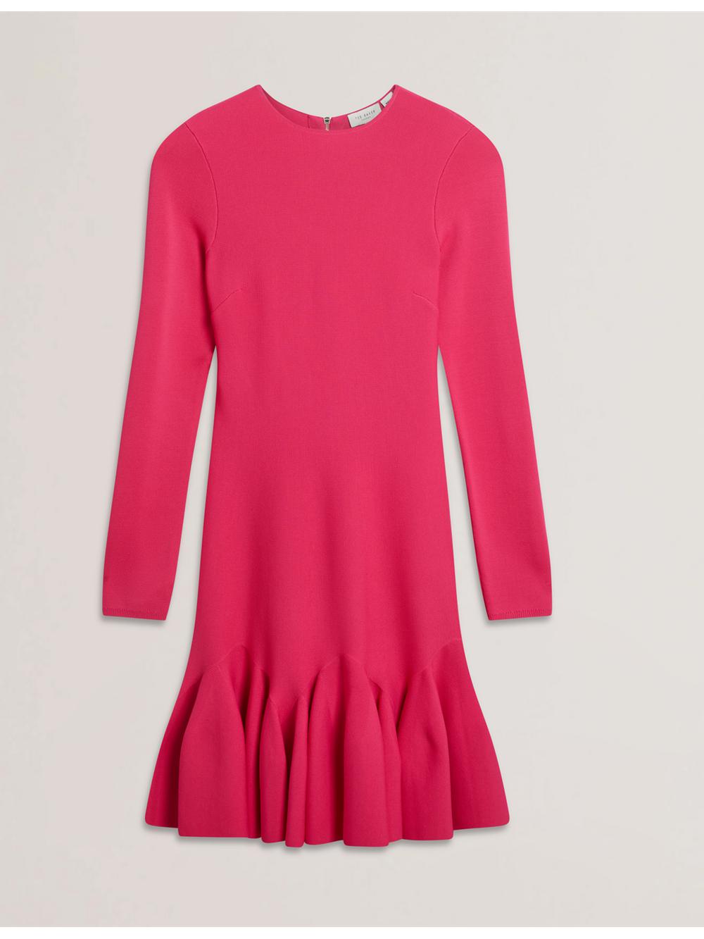 Fuchsia Women Ted Baker LOISSS - Flounce Hem Long Sleeve Knitted Mini Dresses | SA  XQM-318250