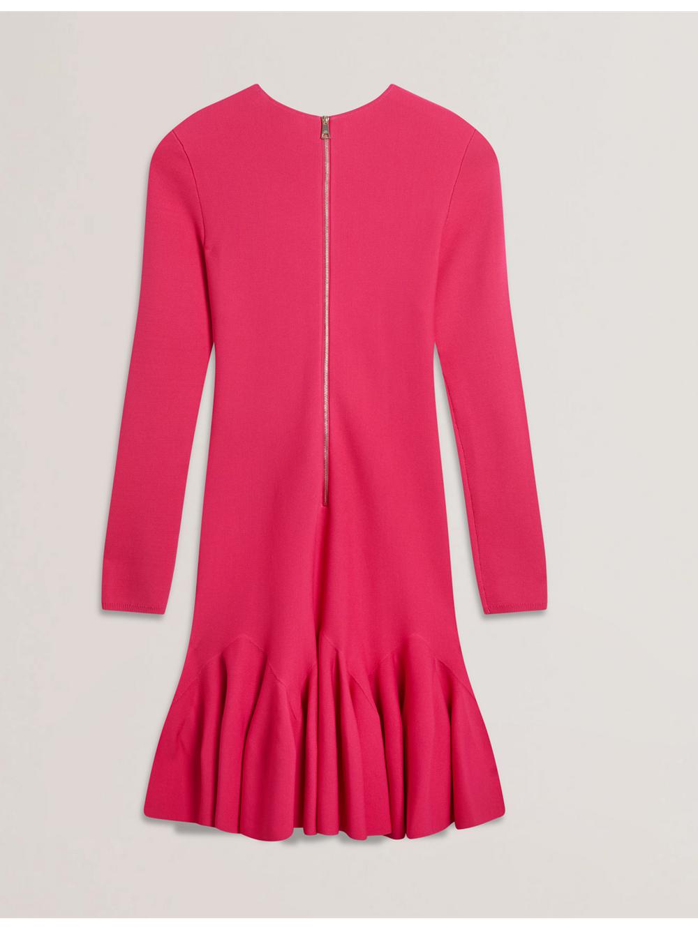 Fuchsia Women Ted Baker LOISSS - Flounce Hem Long Sleeve Knitted Mini Dresses | SA  XQM-318250
