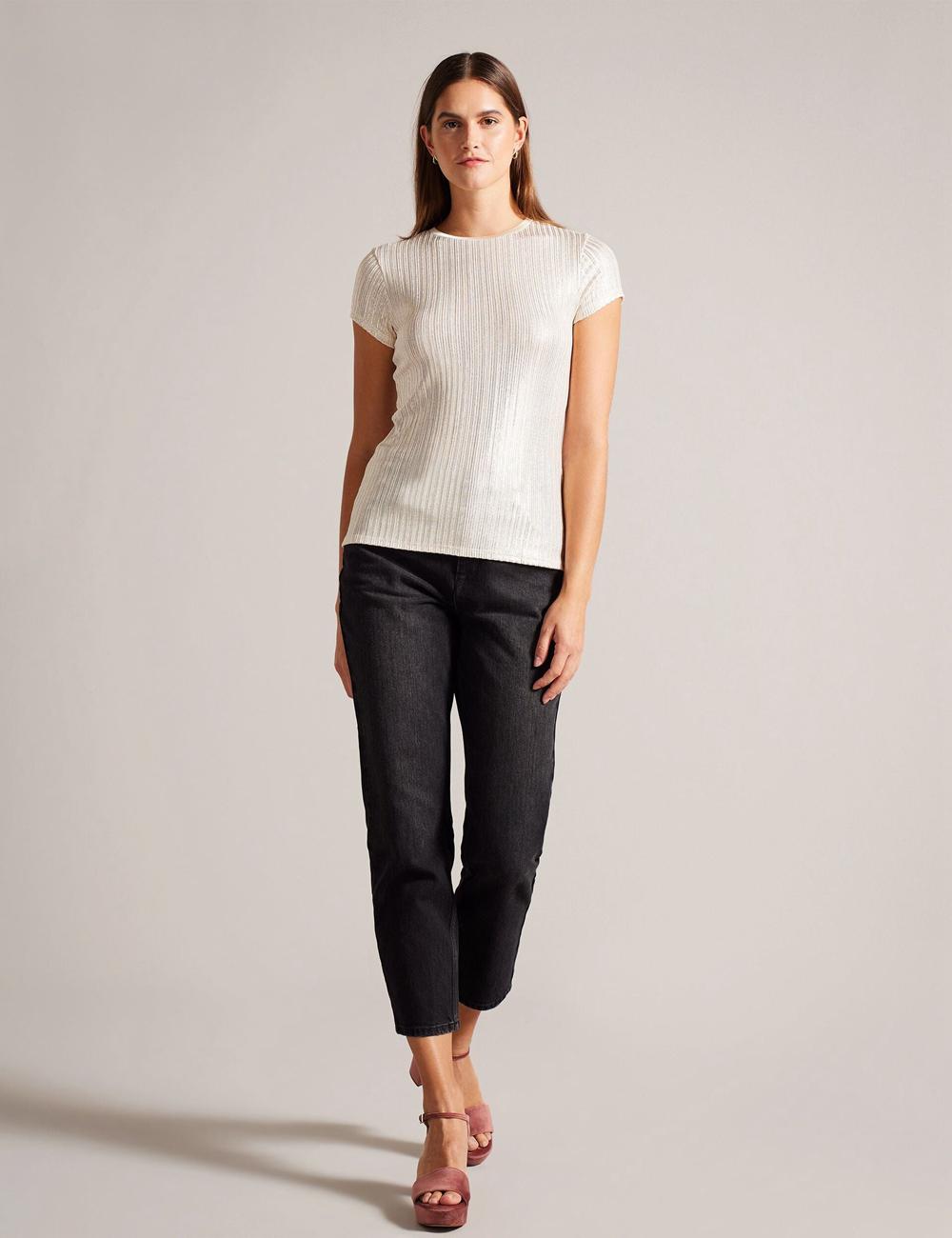Gold Women Ted Baker KATRINO - Metallic Short Sleeve Crew Neck Tops | SA  COH-143067