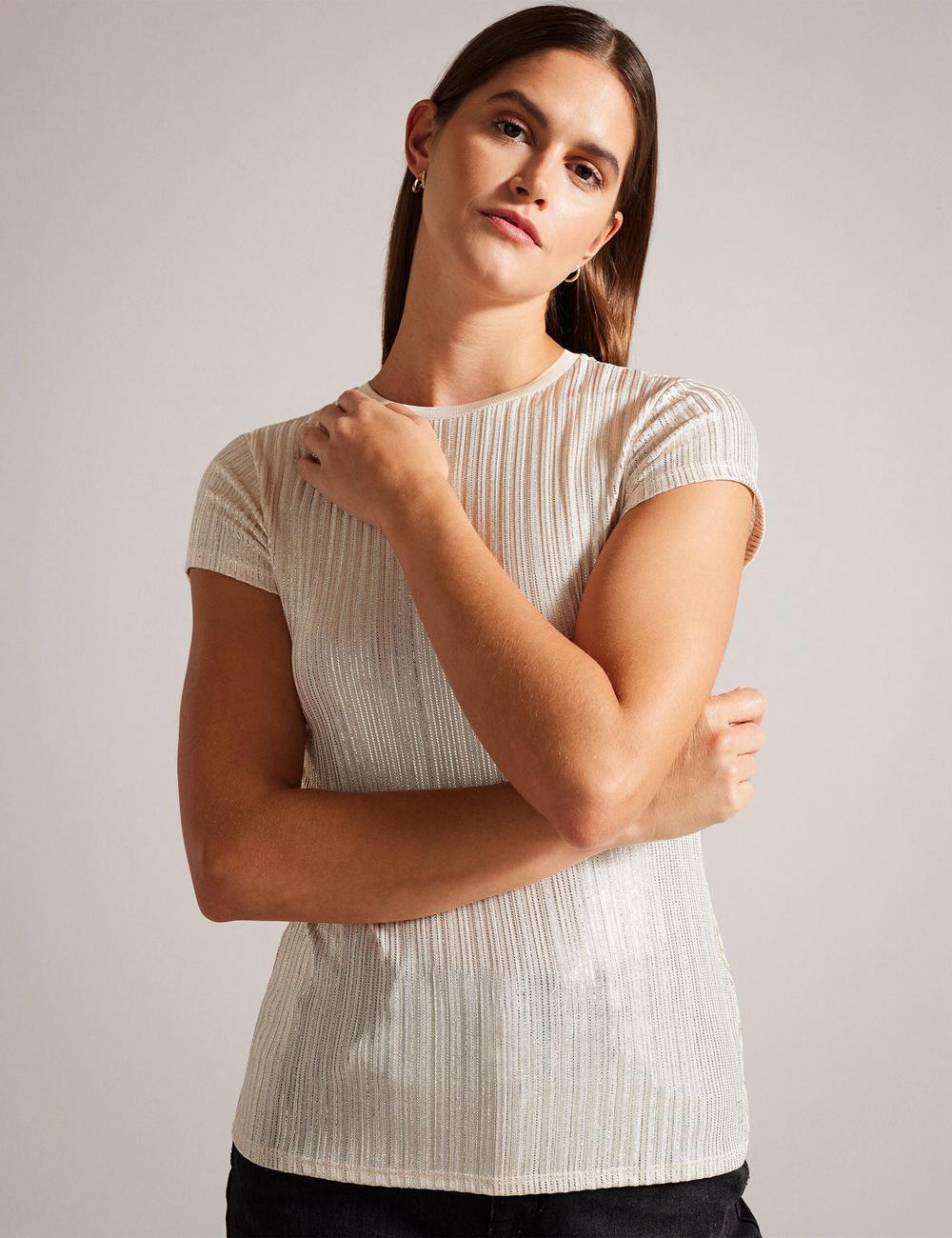 Gold Women Ted Baker KATRINO - Metallic Short Sleeve Crew Neck Tops | SA  COH-143067
