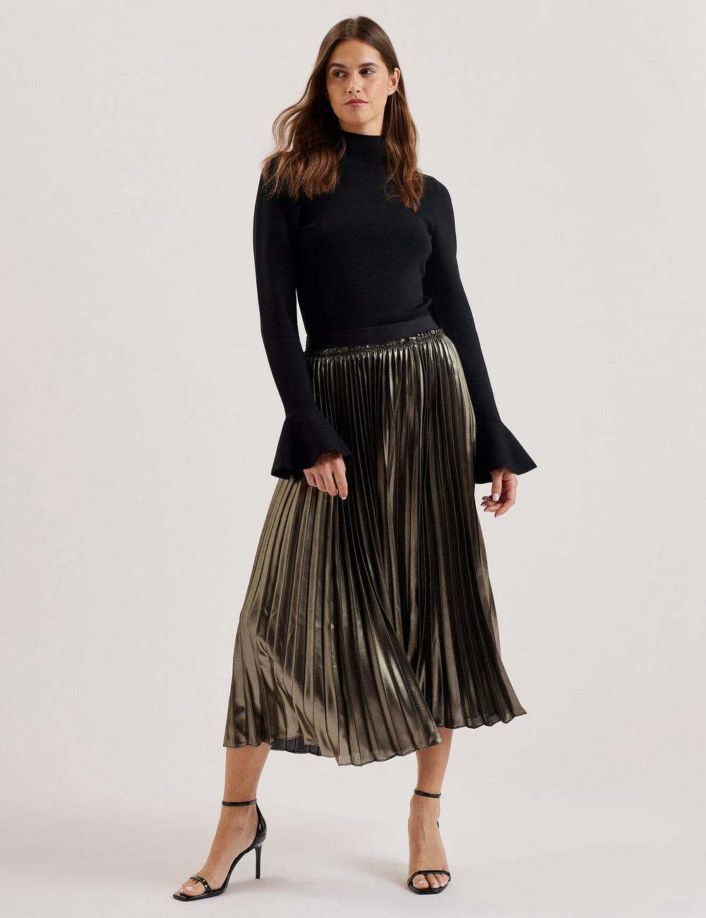 Gold Women Ted Baker KESE - Metallic Pleated A-Line Midi Skirts | SA  LFY-437180