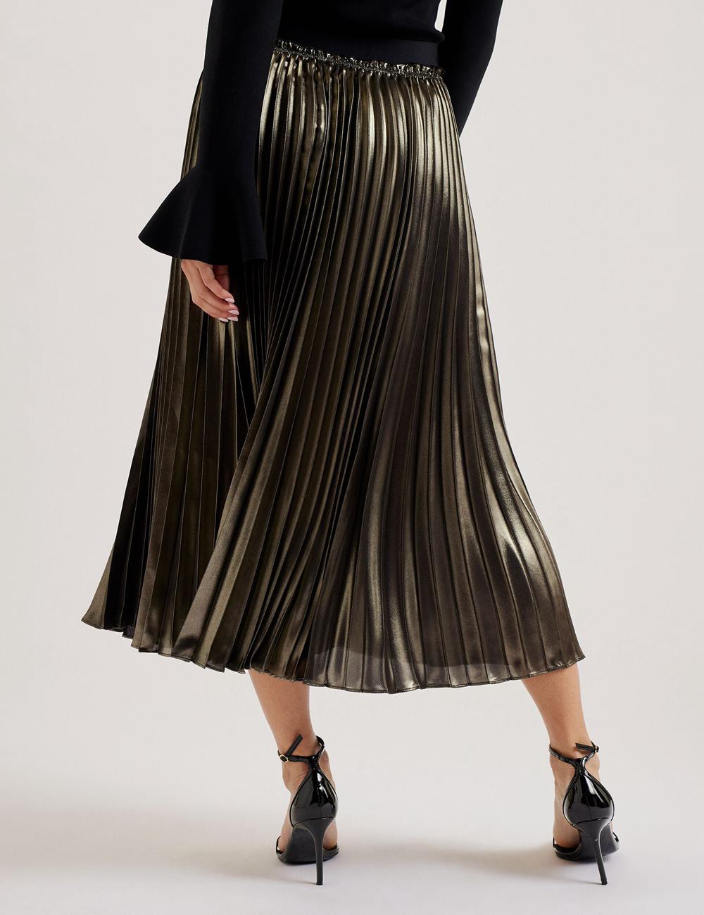 Gold Women Ted Baker KESE - Metallic Pleated A-Line Midi Skirts | SA  LFY-437180