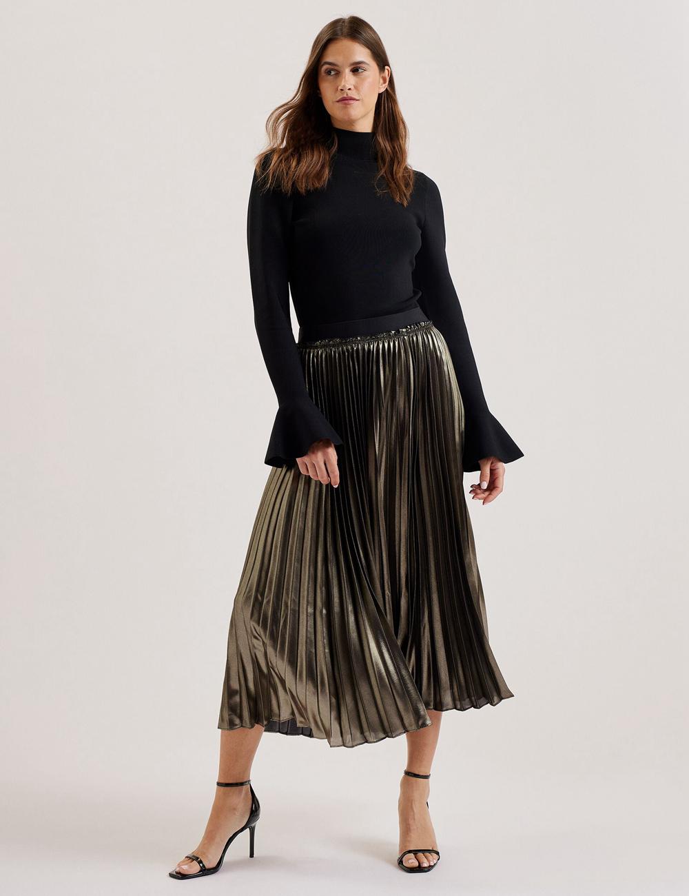 Gold Women Ted Baker KESE - Metallic Pleated A-Line Midi Skirts | SA  LFY-437180