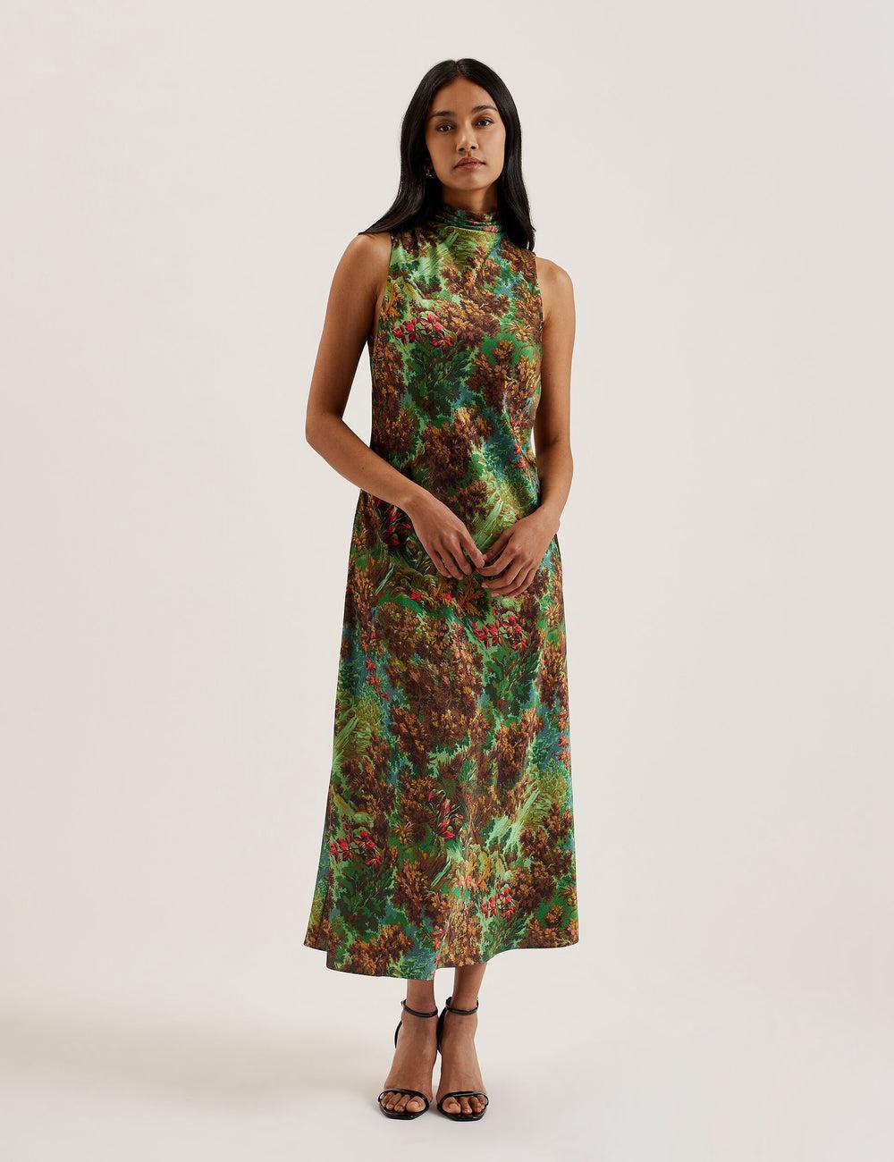 Green Women Ted Baker EYVA - Satin Printed High Neck Midi Slip Midi Dresses | SA  MEB-398721