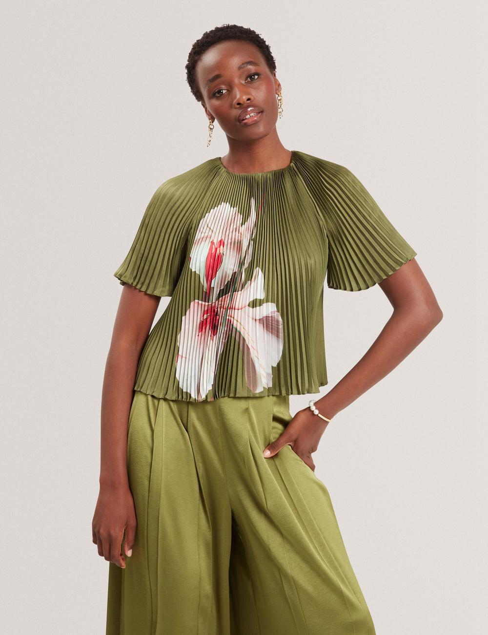 Green Women Ted Baker LIONAA - Floral Graphic Pleated Satin Short Sleeve Blouses | SA  KQB-325641