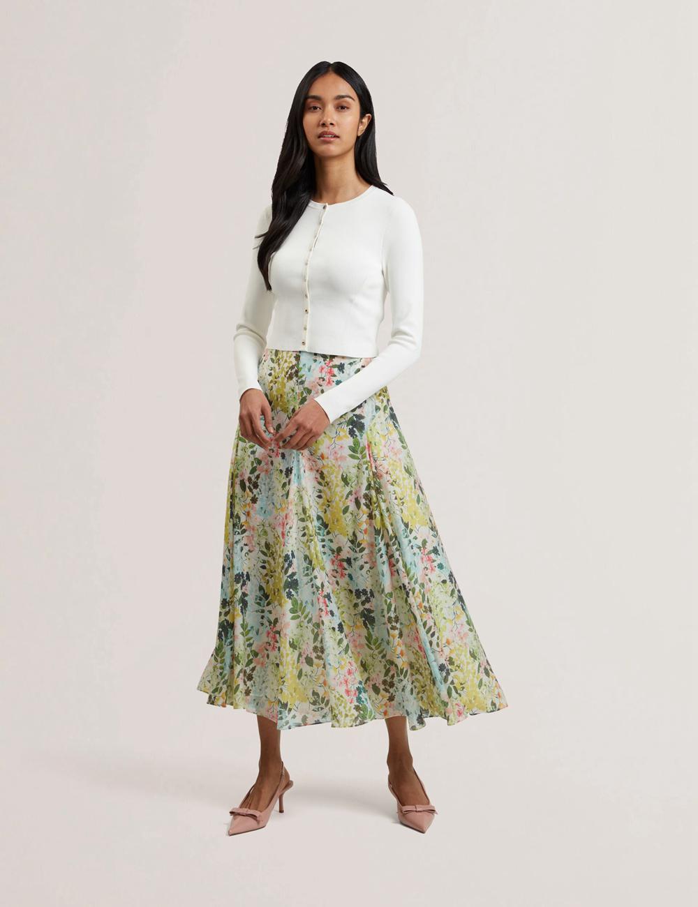 Ivory Women Ted Baker AZULLA - Floral A-Line Woven Midi Skirts | SA  CYP-418756