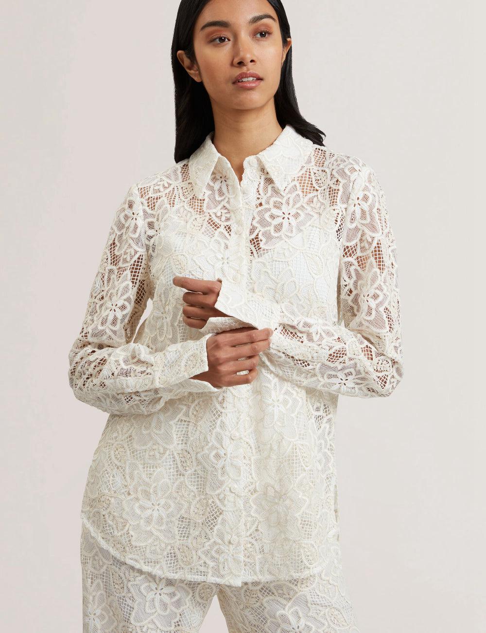 Ivory Women Ted Baker BLOND - Floral Lace Longline Cotton Shirt Tops | SA  GMJ-783124