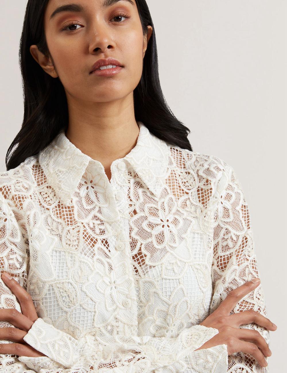 Ivory Women Ted Baker BLOND - Floral Lace Longline Cotton Shirt Tops | SA  GMJ-783124