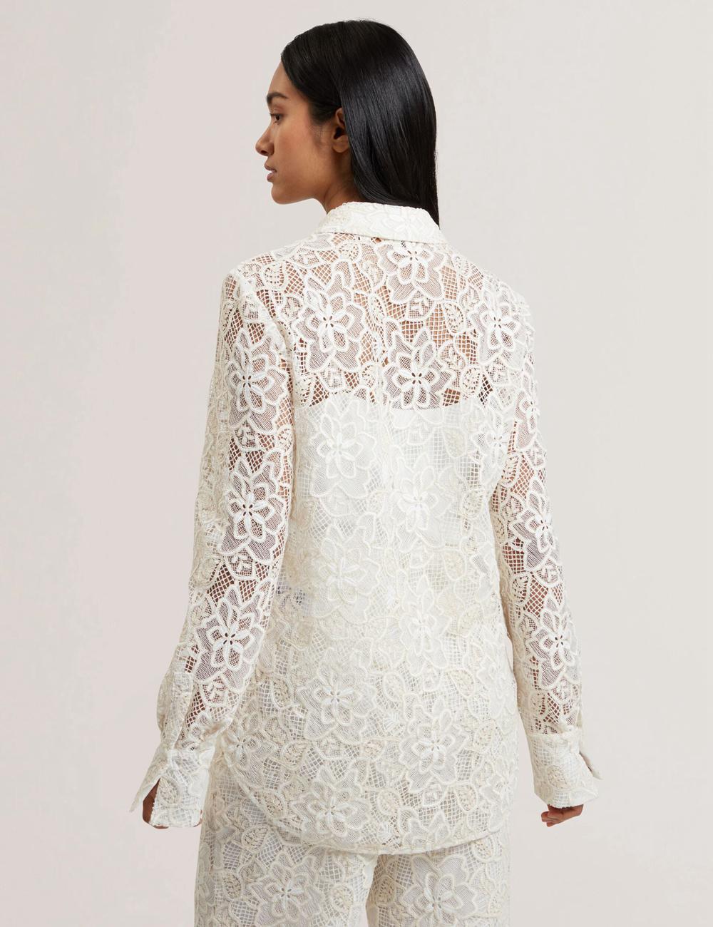 Ivory Women Ted Baker BLOND - Floral Lace Longline Cotton Shirt Tops | SA  GMJ-783124