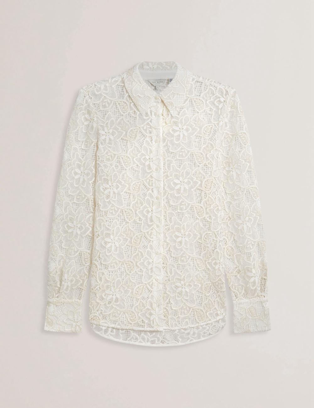 Ivory Women Ted Baker BLOND - Floral Lace Longline Cotton Shirt Tops | SA  GMJ-783124