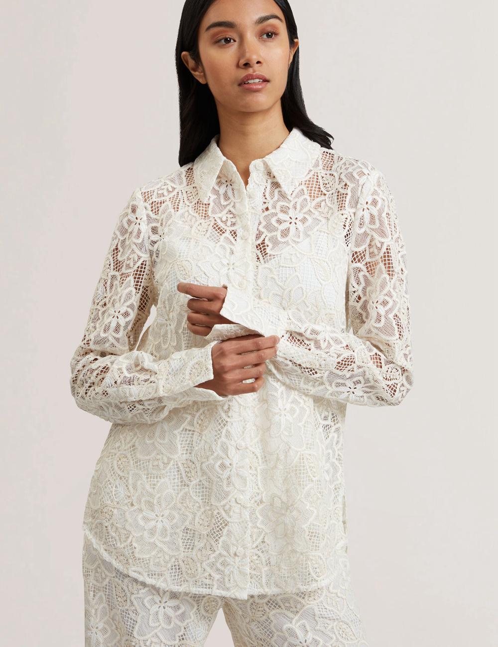 Ivory Women Ted Baker BLOND - Floral Lace Longline Cotton Shirt Tops | SA  GMJ-783124