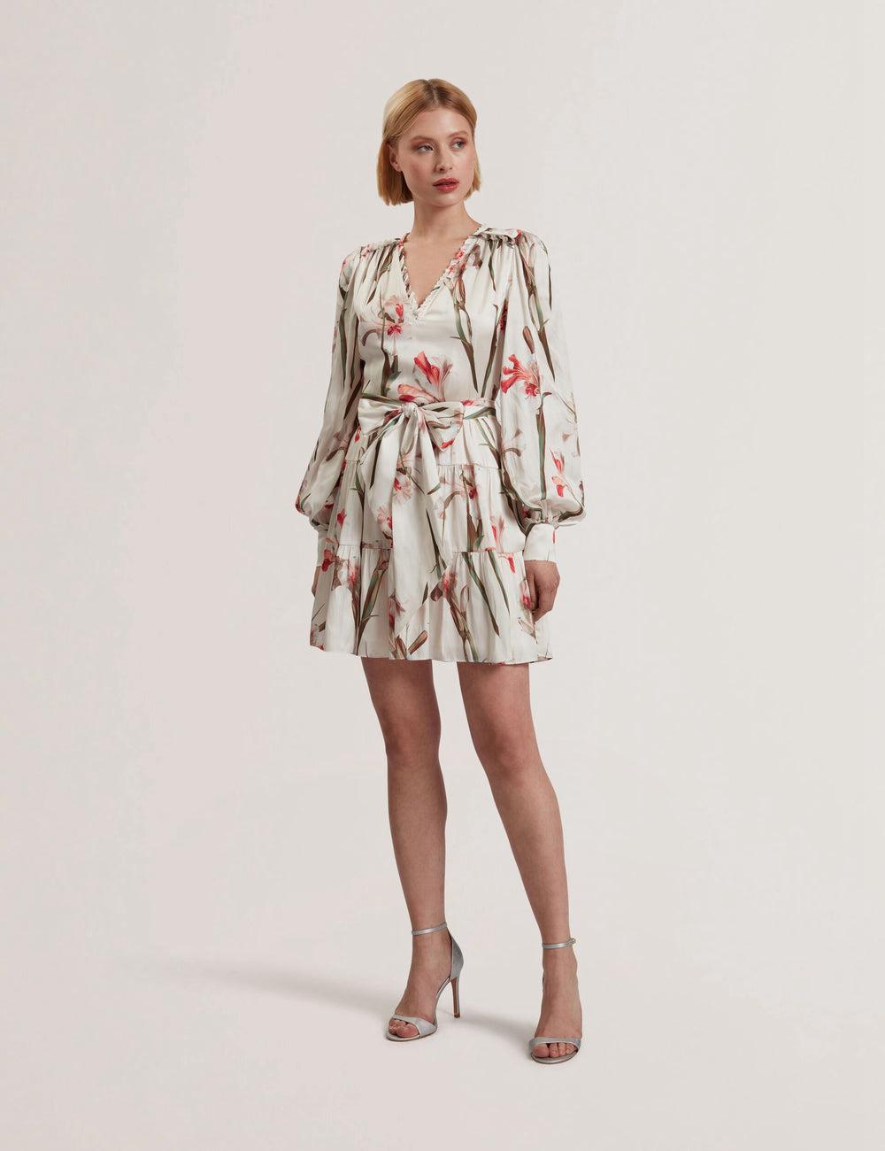 Ivory Women Ted Baker CUIABA - Floral V-Neck Waist Mini Dresses | SA  DRG-849702