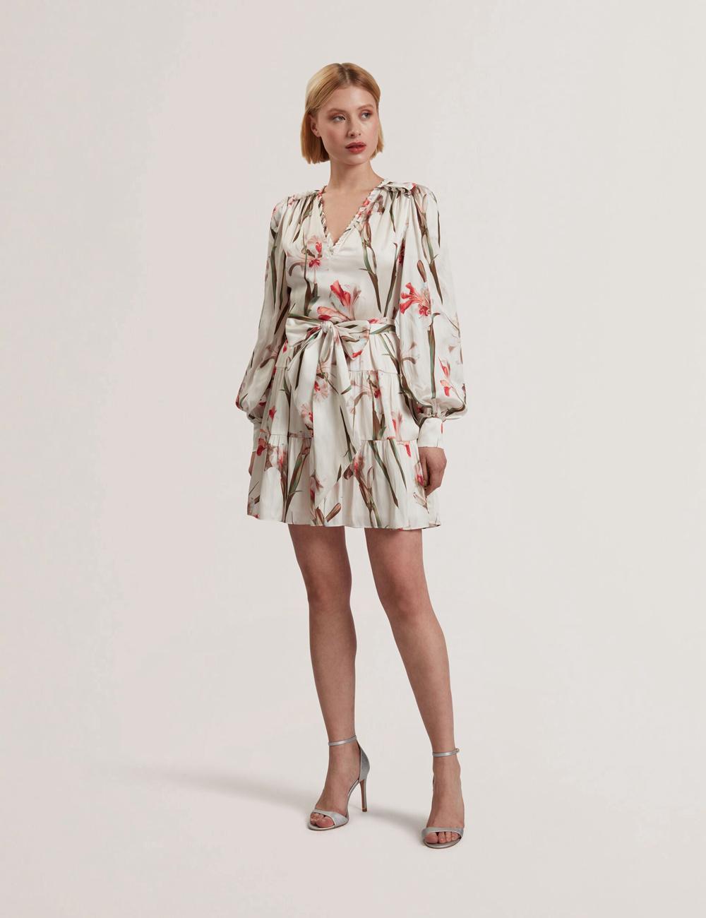 Ivory Women Ted Baker CUIABA - Floral V-Neck Waist Mini Dresses | SA  DRG-849702