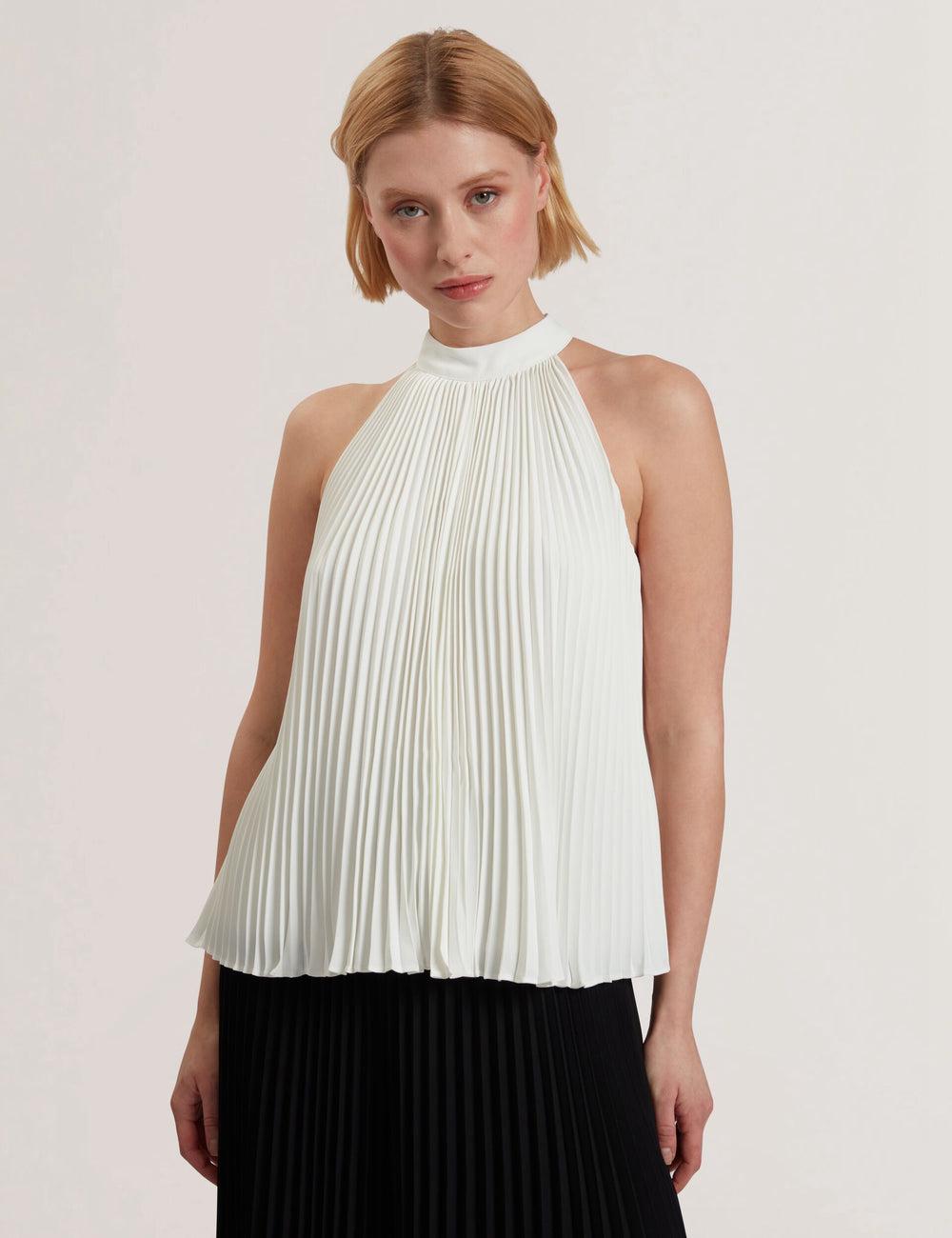 Ivory Women Ted Baker JAMAYA - High Halter Neck Pleated Sleeveless Tops | SA  YWP-632904