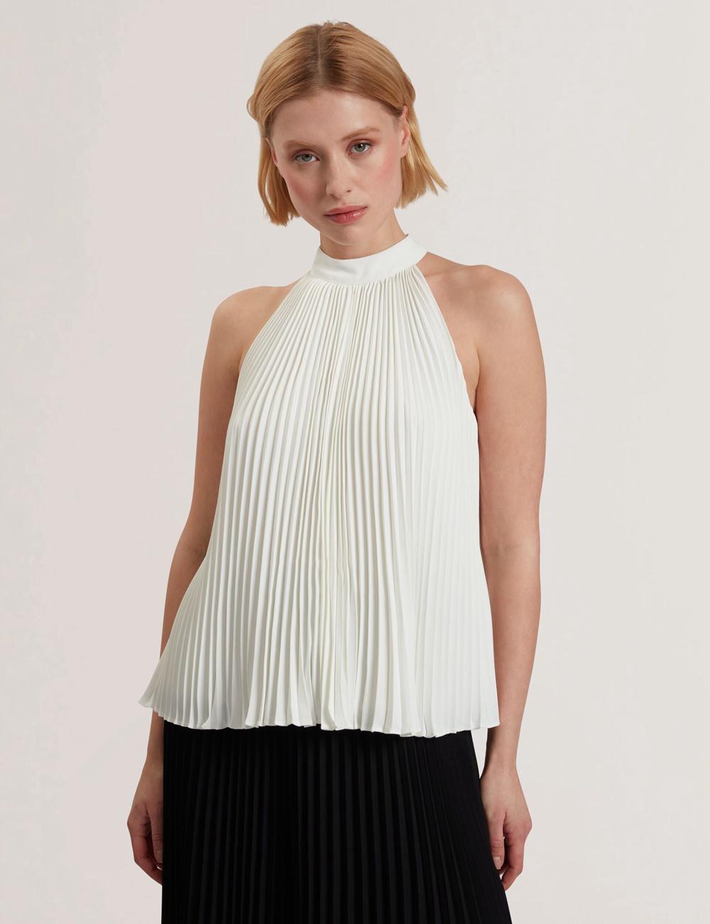 Ivory Women Ted Baker JAMAYA - High Halter Neck Pleated Sleeveless Tops | SA  YWP-632904