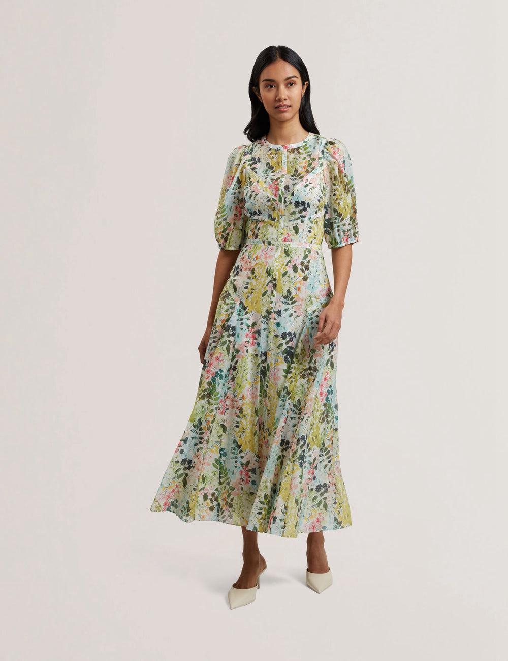 Ivory Women Ted Baker KANDEA - Floral Puff Sleeve A-Line Midi Dresses | SA  DQK-917385