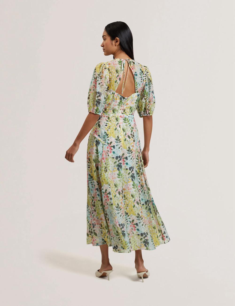 Ivory Women Ted Baker KANDEA - Floral Puff Sleeve A-Line Midi Dresses | SA  DQK-917385