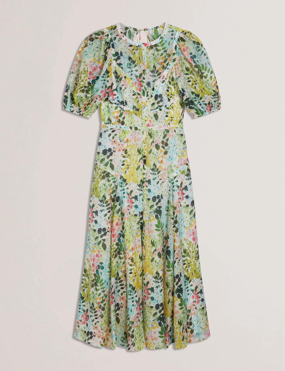 Ivory Women Ted Baker KANDEA - Floral Puff Sleeve A-Line Midi Dresses | SA  DQK-917385
