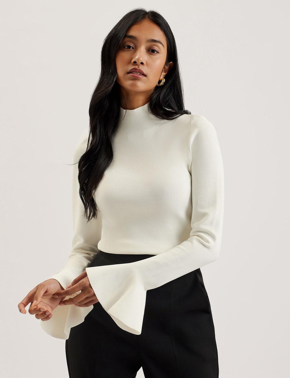 Ivory Women Ted Baker LAYNHA - Flared Sleeve High Neck Knitted Top Jumpers | SA  QMG-750264