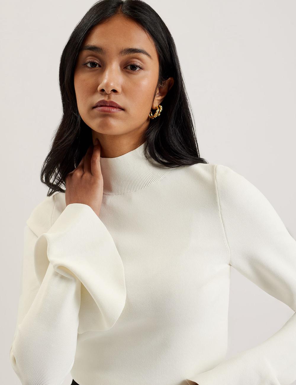 Ivory Women Ted Baker LAYNHA - Flared Sleeve High Neck Knitted Top Jumpers | SA  QMG-750264