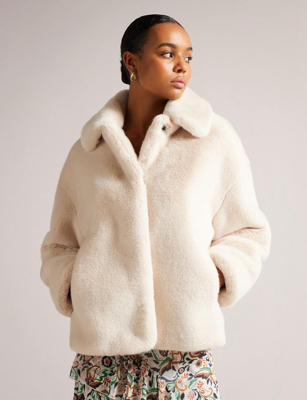 Ivory Women Ted Baker LILIAM - Faux Fur Collared Short Coat Jackets | SA  FWX-817902