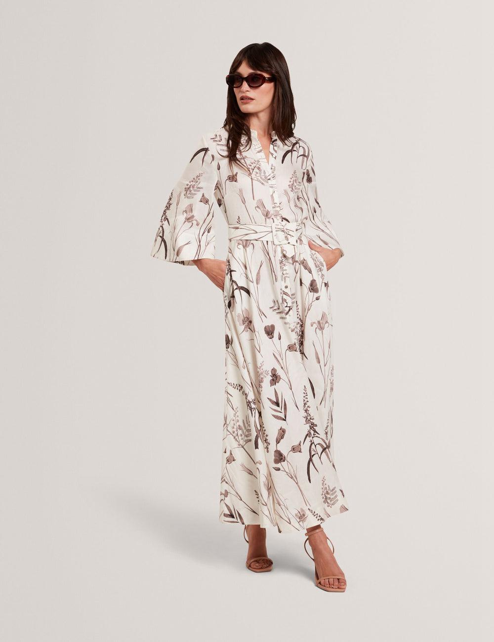 Ivory Women Ted Baker LUWISA - Floral Linen Silk Belted Midi Shirt Midi Dresses | SA  IAY-316802