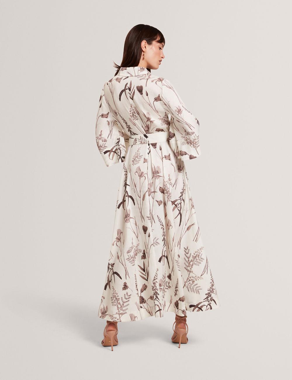 Ivory Women Ted Baker LUWISA - Floral Linen Silk Belted Midi Shirt Midi Dresses | SA  IAY-316802