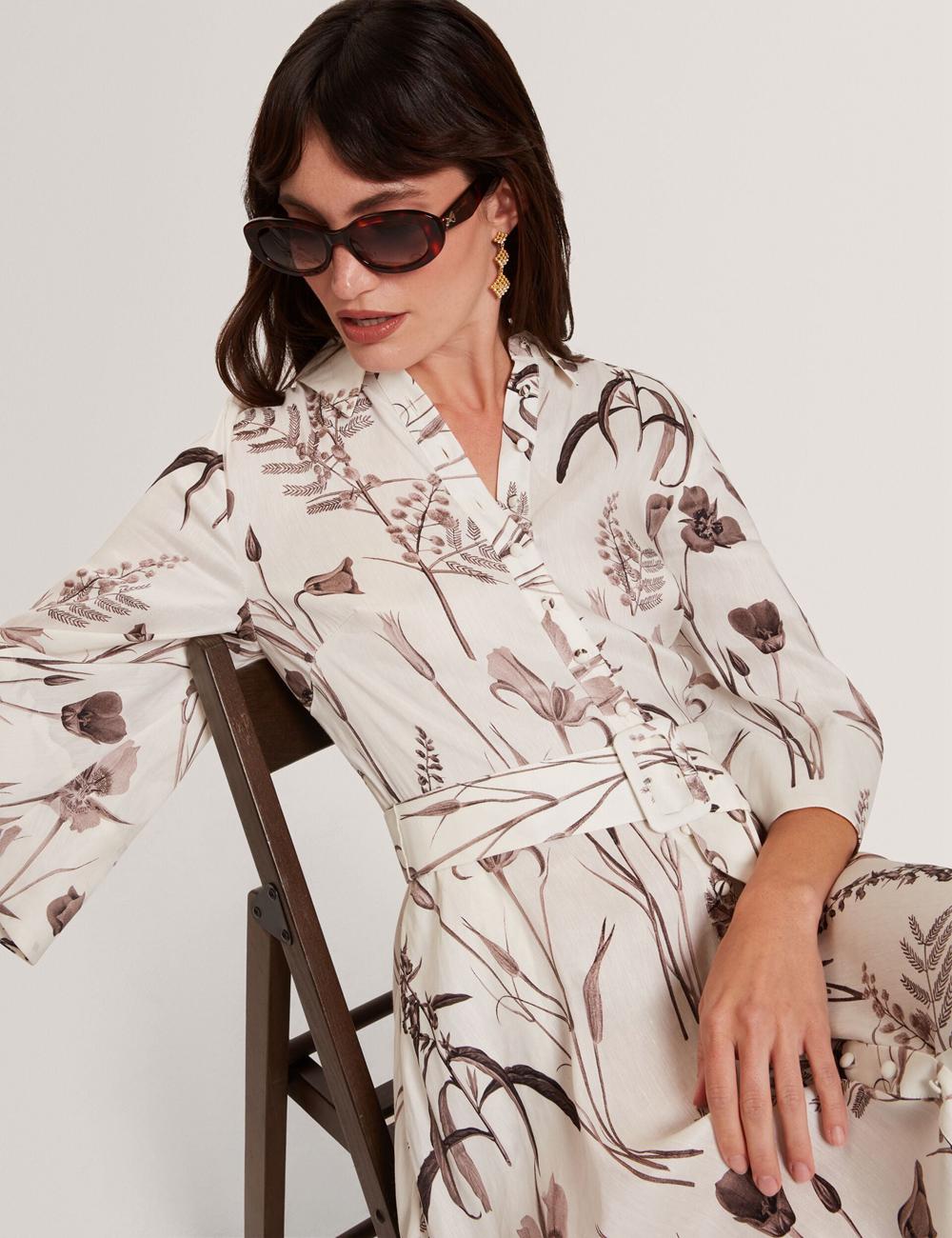 Ivory Women Ted Baker LUWISA - Floral Linen Silk Belted Midi Shirt Midi Dresses | SA  IAY-316802