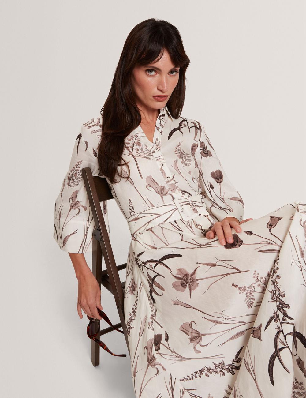 Ivory Women Ted Baker LUWISA - Floral Linen Silk Belted Midi Shirt Midi Dresses | SA  IAY-316802