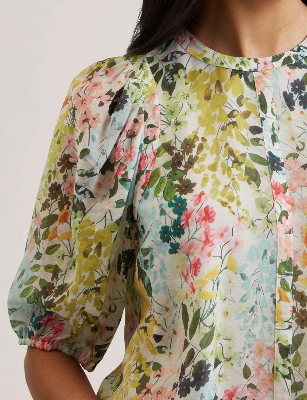 Ivory Women Ted Baker MICHA - Floral Binding Detail Puffed Sleeve Blouses | SA  JEV-674291