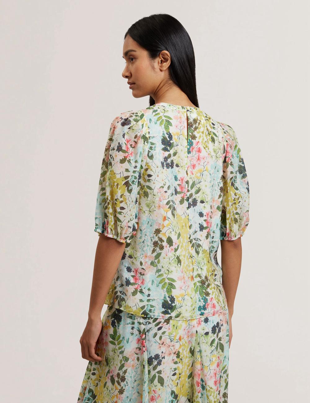 Ivory Women Ted Baker MICHA - Floral Binding Detail Puffed Sleeve Blouses | SA  JEV-674291