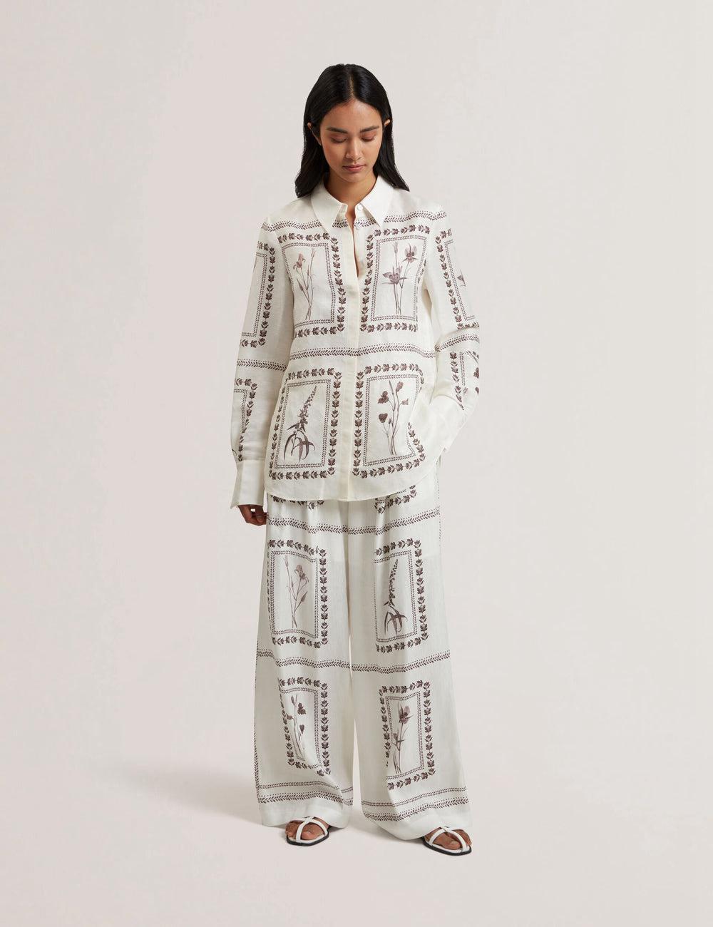 Ivory Women Ted Baker ORNITHA - Panel Print Silk Linen Wide Leg Trousers | SA  QWB-713402