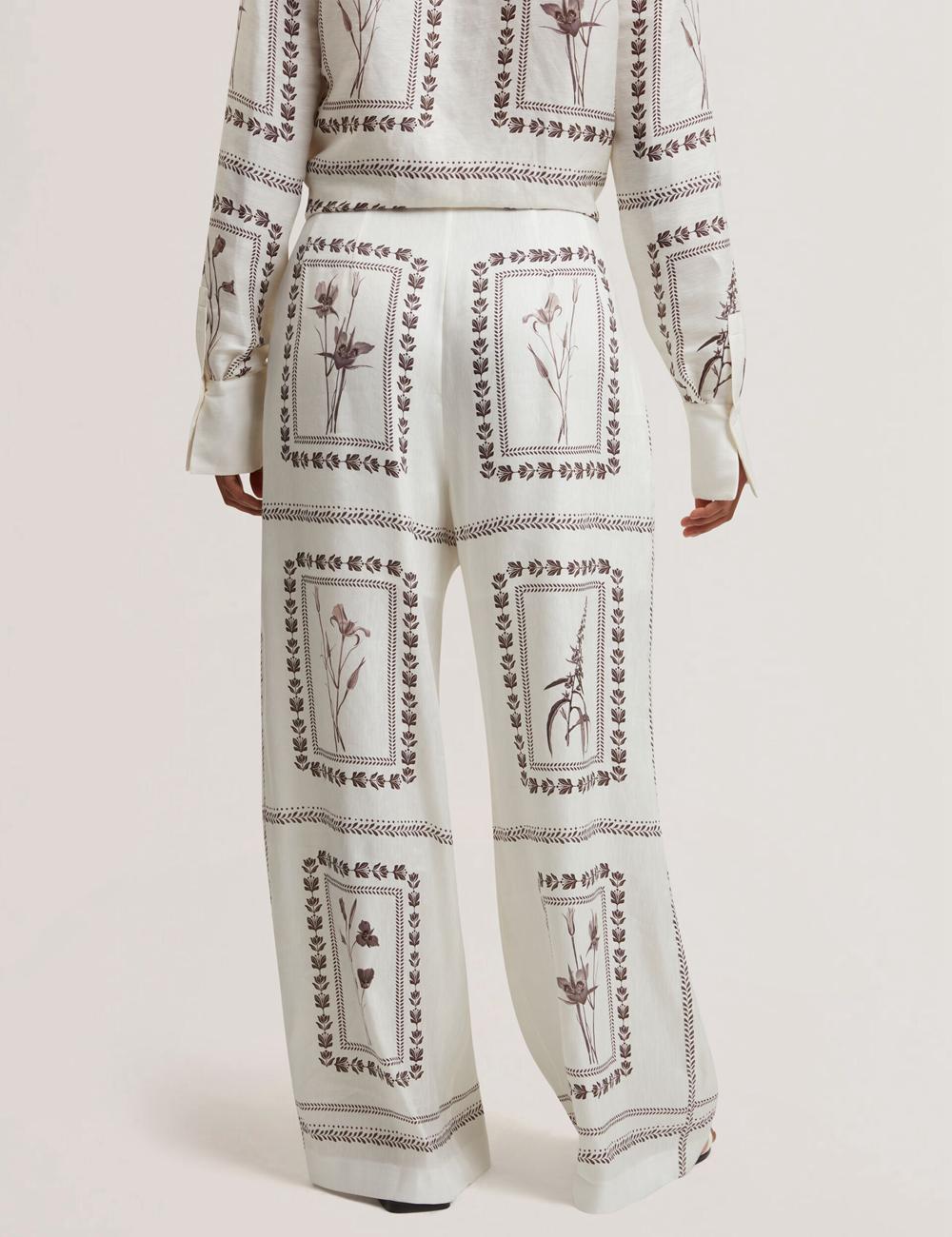 Ivory Women Ted Baker ORNITHA - Panel Print Silk Linen Wide Leg Trousers | SA  QWB-713402