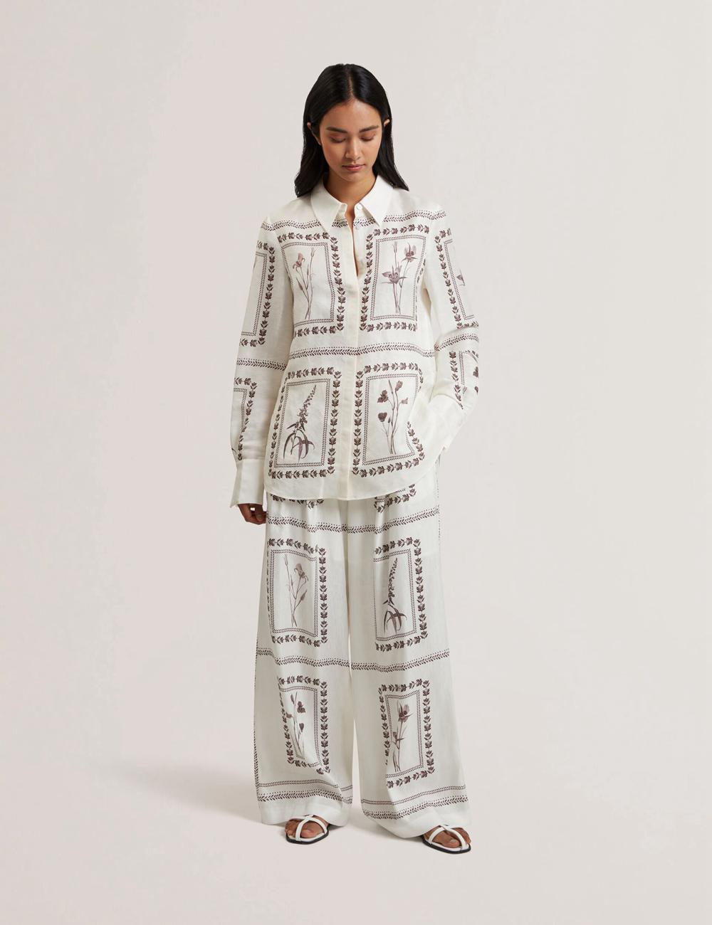 Ivory Women Ted Baker ORNITHA - Panel Print Silk Linen Wide Leg Trousers | SA  QWB-713402