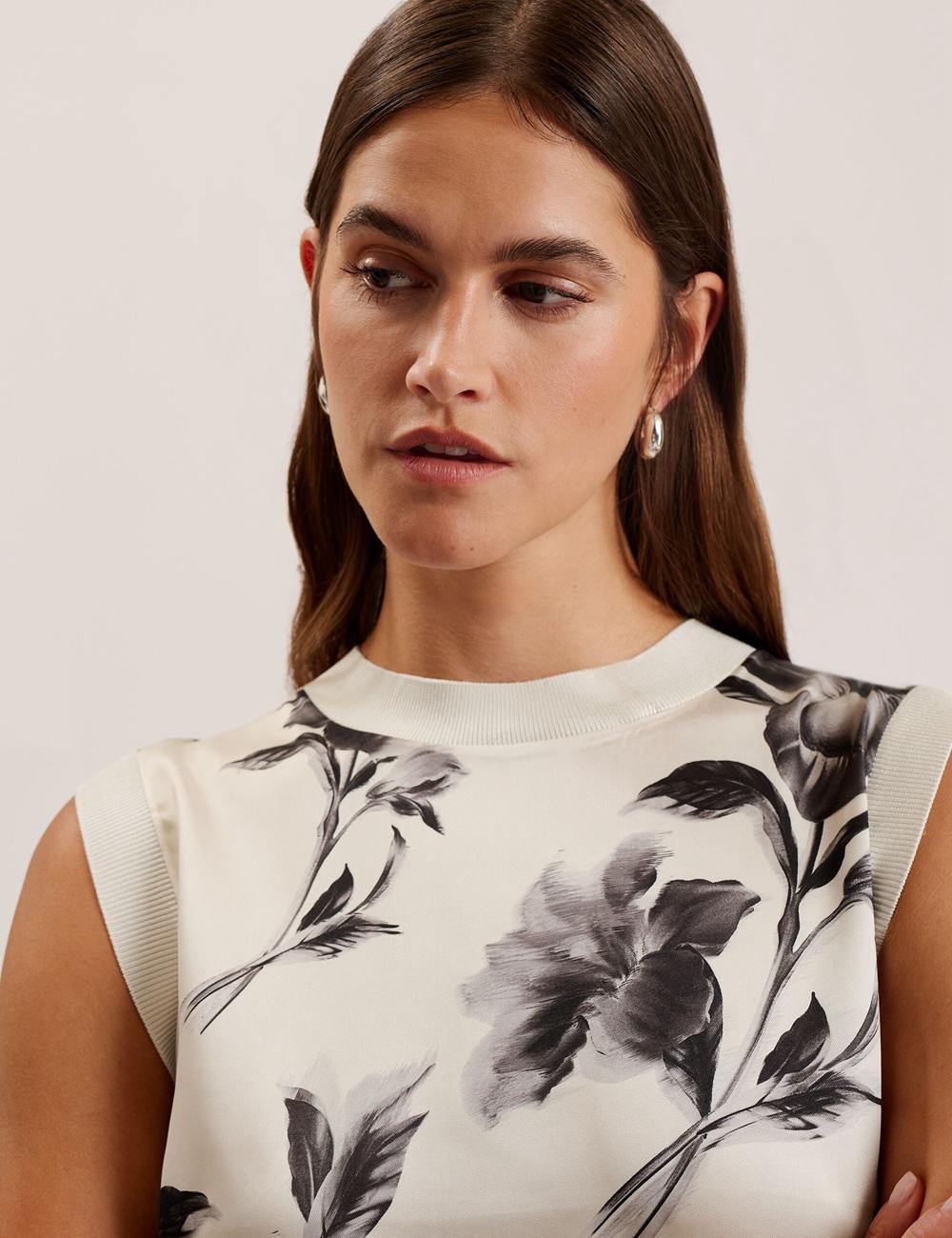 Ivory Women Ted Baker PERLOMA - Printed Woven Front Knitted Tank Tops | SA  WHN-320495