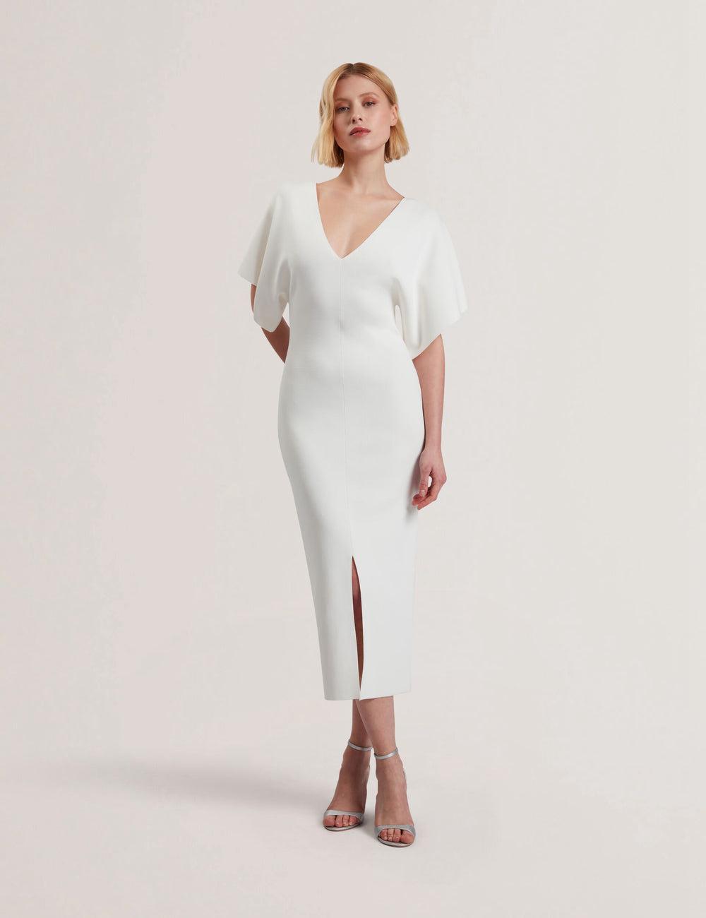 Ivory Women Ted Baker REBEXXA - Wide Sleeve Knitted Bodycon Midi Dresses | SA  ZLG-728165