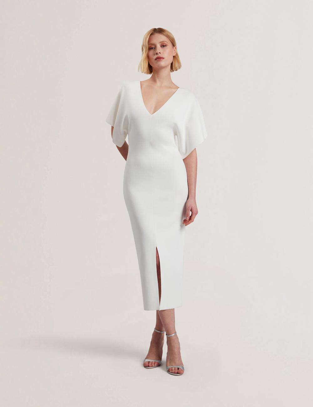 Ivory Women Ted Baker REBEXXA - Wide Sleeve Knitted Bodycon Midi Dresses | SA  ZLG-728165