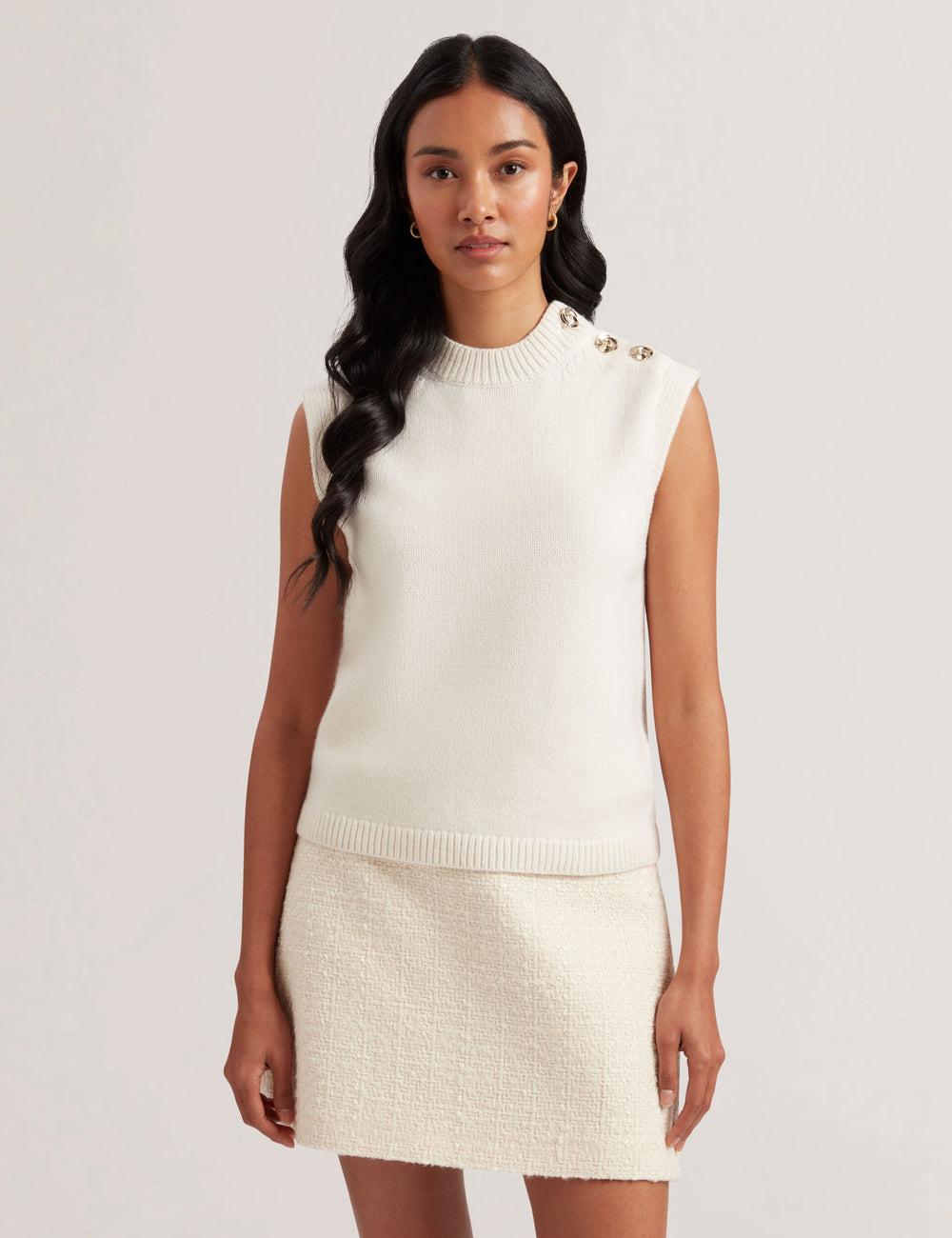 Ivory Women Ted Baker RONDHER - Rose Button Wool Knit Tank Tops | SA  XTA-714306
