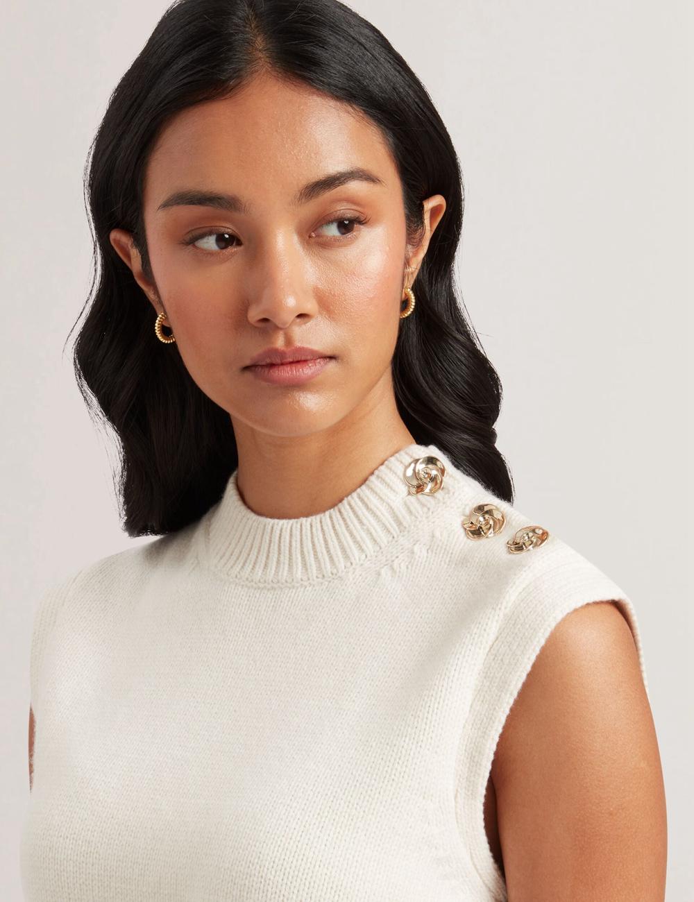 Ivory Women Ted Baker RONDHER - Rose Button Wool Knit Tank Tops | SA  XTA-714306