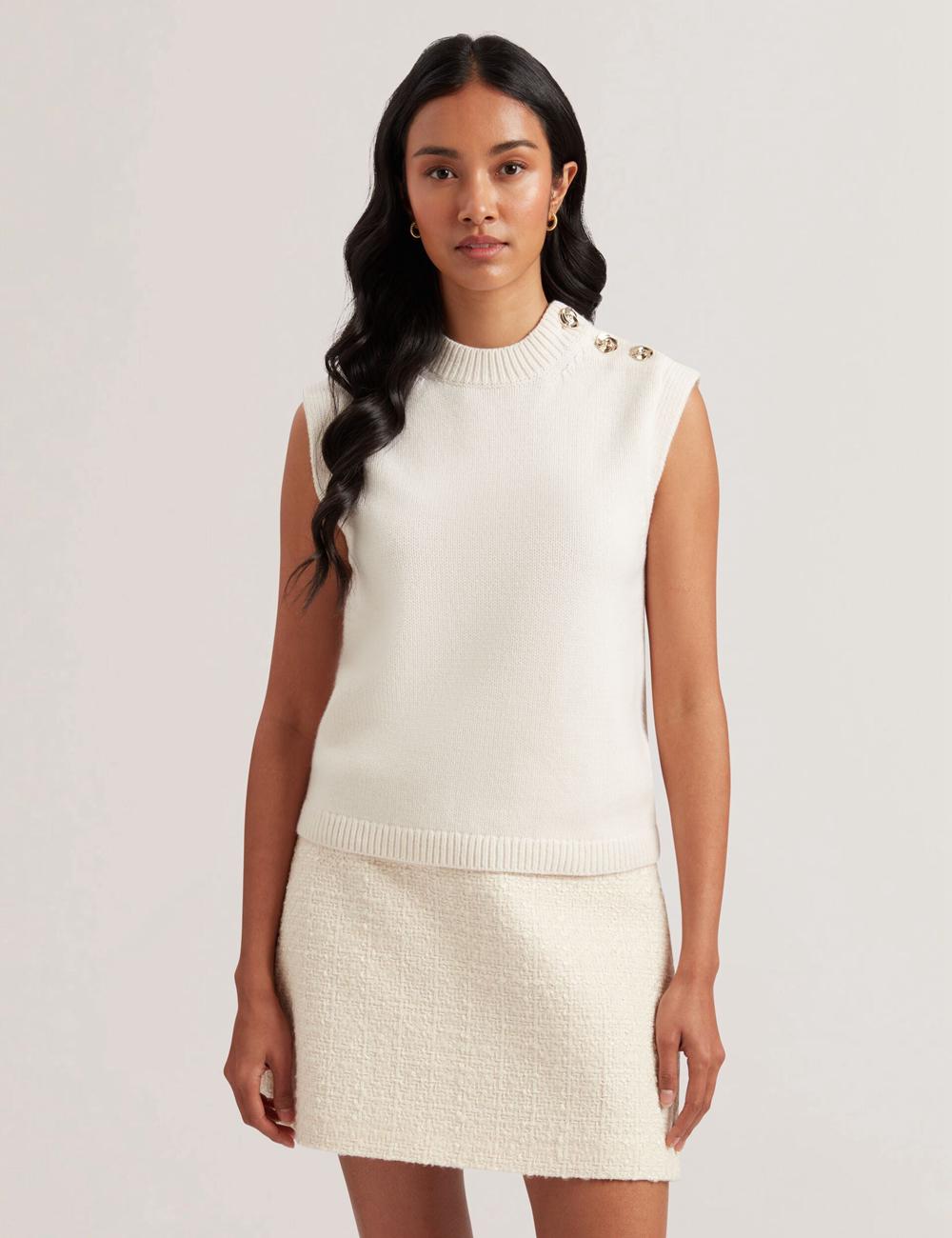 Ivory Women Ted Baker RONDHER - Rose Button Wool Knit Tank Tops | SA  XTA-714306